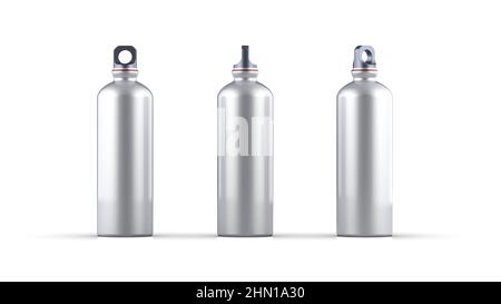 3D Render realistisches Glas, klar und transparent glänzende Wasserflasche mit schwarzem Spruß Nahaufnahme isoliert auf weißem Hintergrund. Design-Vorlage von Packagin Stockfoto