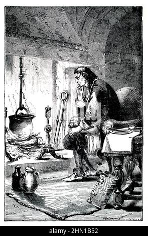 Science History, der Marquis von Worcester im Tower of London eingesperrt und beobachtete, wie der Deckel eines kochenden Topfes vom Dampf gehoben wurde Stockfoto