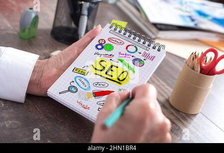 Seo-Konzept auf einem Notizblock gezeichnet Stockfoto