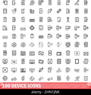 100 Gerätesymbole eingestellt. Skizzieren Sie die Darstellung von 100 Gerätesymbolen, die auf weißem Hintergrund isoliert sind Stock Vektor