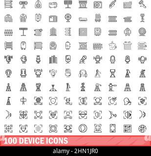 100 Gerätesymbole eingestellt. Skizzieren Sie die Darstellung von 100 Gerätesymbolen, die auf weißem Hintergrund isoliert sind Stock Vektor