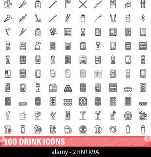 100 Symbole für Getränke eingestellt. Skizzieren Sie die Darstellung von 100 Symbolen für Getränke, die auf weißem Hintergrund isoliert sind Stock Vektor