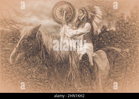 Schamane Frau in der Landschaft mit ihrem Pferd und Zeichnung efect Stockfoto