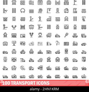100 Transportsymbole eingestellt. Skizzieren Sie die Darstellung von 100 Transportsymbolen, die auf weißem Hintergrund isoliert sind Stock Vektor