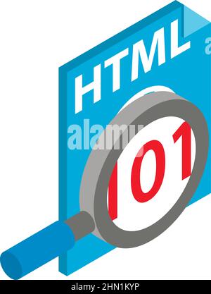 Isometrischer Vektor für das Symbol für die Internetsuche. Lupe und HTML-Dateisymbol. Suchkonzept, digitale Technik Stock Vektor
