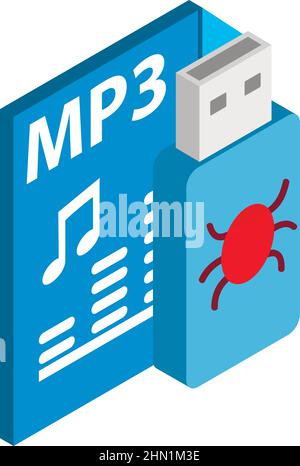 Isometrischer Vektor des infizierten usb-Symbols. Flash-Laufwerk mit Virus und mp3-Dateiformat. Gefährliche Software, Computerviren, Cyberkriminalität Stock Vektor