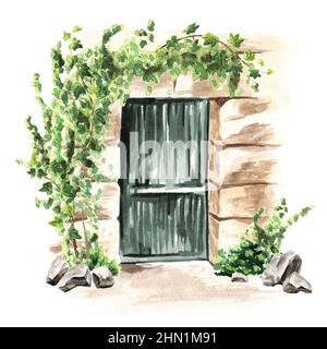 Holztür in einer alten Steinmauer und kletternde Ivy-Pflanze, handgezeichnete Aquarell-Illustration isoliert auf weißem Hintergrund Stockfoto