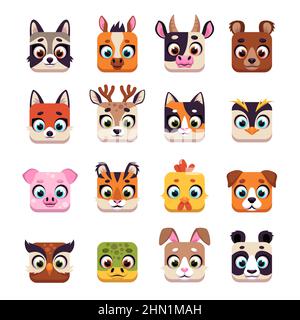 Quadratisches Tiergesicht. Niedliche Cartoon UI-Icons mit lustigen Schnauzen, Wildtieren und häuslichen Köpfen. Kawaii-Waschbär, Bär, Tiger und Kaninchen. Avatarschwein, Panda Stock Vektor