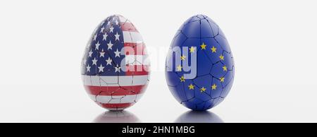 USA vs EU, Beziehungskrise. Flagge der Europäischen Union und der USA auf zerbrochenen zerrissenen Eiern auf weißem Hintergrund isoliert. 3D Rendern Stockfoto