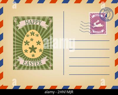 Osterumschlag Papierpost mit Osterei, Briefmarke, Jahrgang. Vektorgrafik Stock Vektor