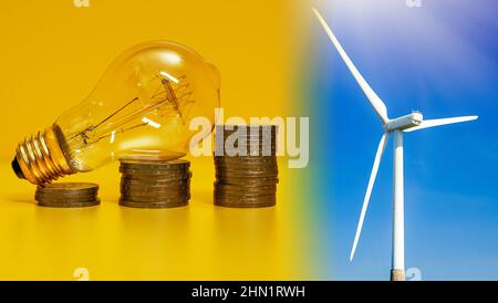 Verbrauch von grüner Energie bei Verwendung einer Windenergieanlage. Stockfoto