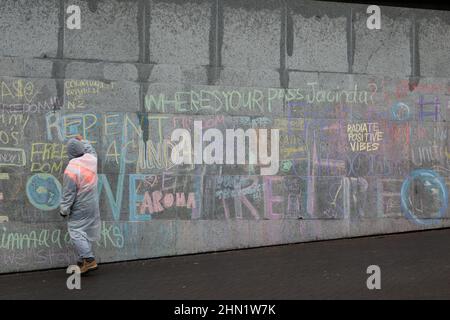 Demonstranten ziehen an einer Wand auf eine covid Impfstoff Mandat Protest vor dem parlament in Wellington, Neuseeland, 13. Februar 2022 Stockfoto