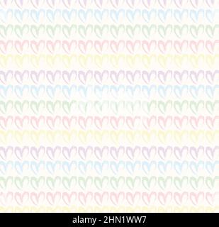Nahtloses Muster von handgezeichneten einfachen Herzen in pastellfarbenen Regenbogenfarben auf beigem und neutralem Hintergrund Stockfoto