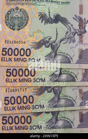 Fünfzigtausend (50.000) soʻm Banknote, Usbekistans soʻm, Usbekistan, Zentralasien Stockfoto