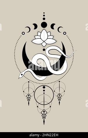 Weiße Schlange auf Halbmond und Lotusblume, Heilige Geometrie. Mondphasen, schwarzer Halbmond heidnische Wiccan Göttin Symbol, Wicca Zeichen, Energie Kreis Stock Vektor