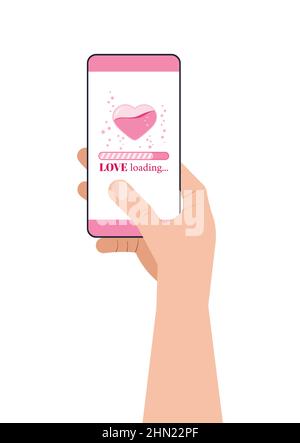 Love Countdown Ladeleiste mit Herz und zischende Luftblasen auf dem Smartphone-Bildschirm. Stock Vektor