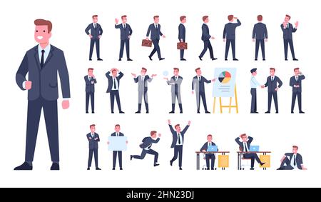 Cartoon Geschäftsmann Charakter Posen. Manager in formeller Klage. Verschiedene Gesten und Situationen. Arbeitsprozess der Mitarbeiter. Aktionen und Emotionen Stock Vektor