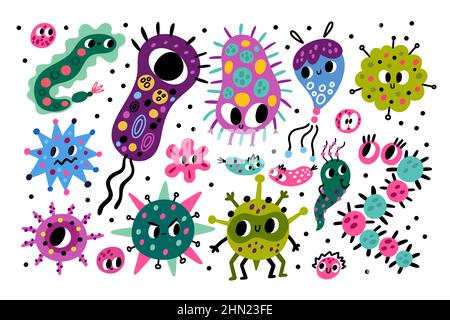 Niedliche Bakterienfiguren. Lustige Cartoon-Keime, Farbviren und Mikroben, verschiedene Formen, schädliche und nützliche parasitäre Organismen. Biologie und Stock Vektor