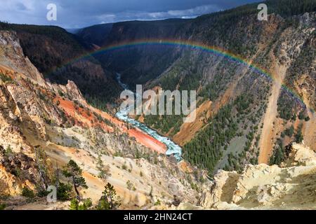 Regenbogen- und Sommergewitter, über dem Yellowstone Grand Canyon und dem Fluss, Yellowstone NP, Wyoming, USA Stockfoto