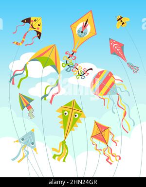 Drachen am Himmel. Bright Air Spielzeug in Wolken, Farbe fliegen kontrollierte Objekte auf Saiten, verschiedene Design Biene und lächelnde Gesichter, Hobby und Outdoor Stock Vektor