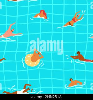 Menschen schwimmen nahtloses Muster. Cartoon-Druck mit glücklichen Schwimmern im Bikini. Männer und Frauen Sport. Gefliester blauer Poolboden. Personen schwimmen im Wasser Stock Vektor