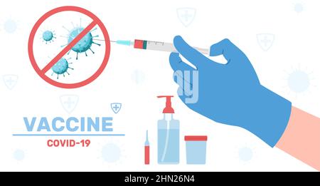 Spritzenhände. Impfposter. Ärzte Arm in medizinischen Handschuh hält Injektor mit Impfstoff. Bekämpfung der Pandemie. Gesundheitswesen. Coronavirus Stock Vektor