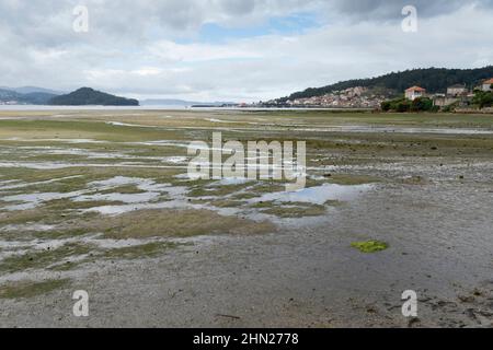 Blick auf die Mündung des Ría de Pontevedra bei Ebbe entlang der spirituellen Variante des Camino Portuguese in Combarro, Spanien. Diese Route des Camino de Stockfoto