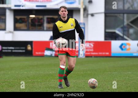 Sale, Großbritannien. 13th. Februar 2022. Jordy Gibson of North Wales Crusaders during the Warm Up Credit: News Images /Alamy Live News