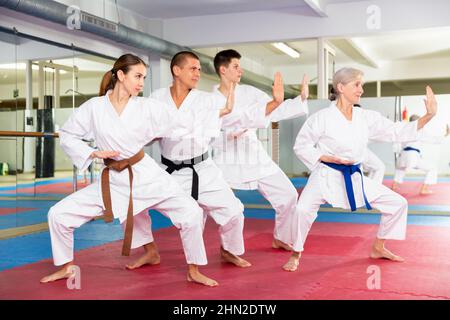 Menschen in Kimonos üben Schläge während des Trainings der Kampfkunst Stockfoto