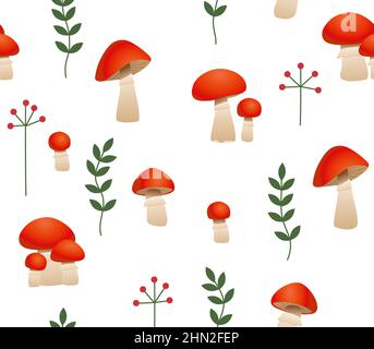 Nahtlose Vektor-Muster mit niedlichen Cartoon Waldpilze. Essbarer Pilzboletus auf Weiß Stock Vektor