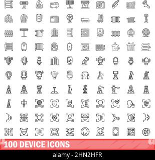 100 Gerätesymbole eingestellt. Skizzieren Sie die Darstellung von 100 Gerätesymbolen, die auf weißem Hintergrund isoliert sind Stock Vektor