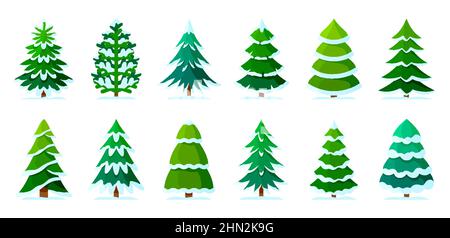 Weihnachtsbaum Schnee Winter Wald grün Cartoon-Set. Weihnachten Saison Landschaft festlich verschiedene Form immergrün. Flach Stil Objekt Grußkarte Aufkleber Urlaub Collage New year dekorativ isoliert weiß Stock Vektor