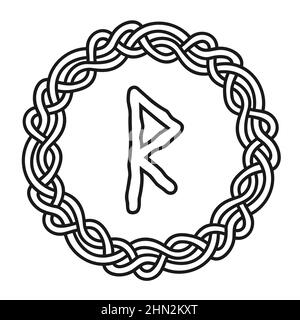 Rune Raido im Kreis - ein altes skandinavisches Symbol oder Zeichen, Amulett. Wikinger-Schrift. Handgezeichnete Vektordarstellung für Websites, Spiele, p Stock Vektor