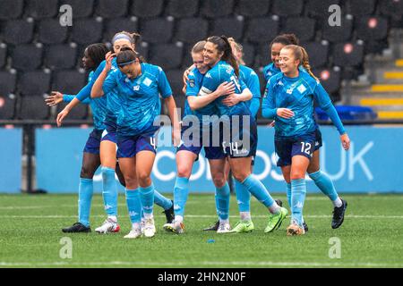 Bromley, Großbritannien. 13th. Februar 2022. Hayes Lane, Bromley, England, 13th 2022. Februar TOR 0-2 London City Lionesses feiern das Tor von Amy Rogers (8 London City während des FA Womens Championship-Spiels zwischen Crystal Palace und London City Lionesses am 13th. Februar 2022 in Hayes Lane, Bromley, England. Stephen Flynn/SPP Kredit: SPP Sport Pressefoto. /Alamy Live News Stockfoto