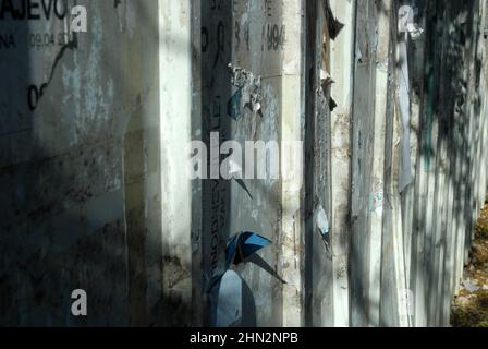 Zerrissene Poster und abblätternde Farbe auf Garage Door, Kotor, Montenegro. Stockfoto