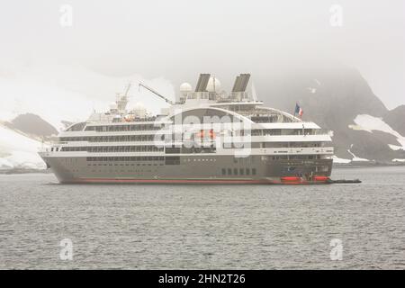 Das Le Boreal-Schiff ankerte an einem bewölkten, nebligen Tag in der Bucht auf Half Moon Island, Antarktis. Stockfoto