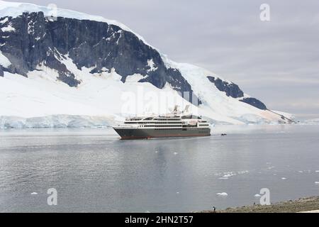 Le Boreal-Schiff, das Passagiere in Tierkreisbooten zur Danco Island bringt, mit Range Island im Hintergrund, Antarktis. Stockfoto