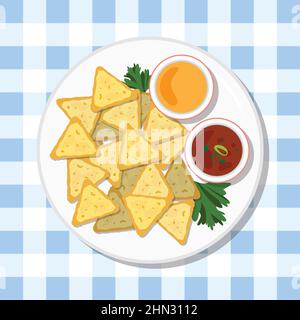 Nachos Maischips mit Salsa und Käsesauce gesunde Ernährung Mahlzeit auf dem Teller. Vektorgrafik. Einfaches, flaches Stockbild. mexikanischer traditioneller Snack auf t Stock Vektor