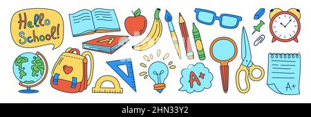 Lernschule liefert Doodle Kit. Zurück in die Schule gezogene Linie gesetzt. Bildungskonzept Objekte für Schüler, Scheren Rucksack, Glühbirne Idee, Wecker, Mittagessen und Globus, Stifte, Pinseluntergeordneten Vektor Stock Vektor