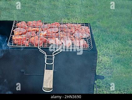 Schischkebab wird auf Feuer vor grünem Gras gebraten. Fleisch wird auf einem grünen Rasen gebacken. Kochen von Shish Kebab. Picknick im Hof. Stockfoto