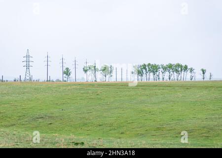 Eine Hochspannungsleitung führt durch eine Ebene Fläche, die von der Landwirtschaft bewohnt wird - Felder und Wiesen für Heumacherei und Weidetiere, selektiver Fokus Stockfoto