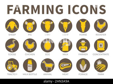 Braune und gelbe Farmsymbole, Set aus Schafen, Schwein, Kuh, Ziege, Pferd, Hahn, Gans, Huhn, Ei, Milch, Landwirt, Konzentrat, Traktor, Flasche, Tier, M Stock Vektor