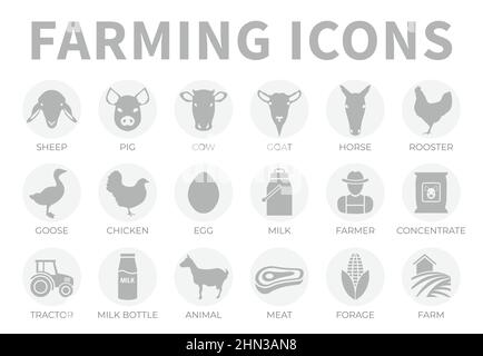 Hellgraues Farming oder Farm Icon Set aus Schafen, Schwein, Kuh, Ziege, Pferd, Hahn, Gans, Huhn, Ei, Milch, Landwirt, Konzentrat, Traktor, Flasche, Tier, Stock Vektor