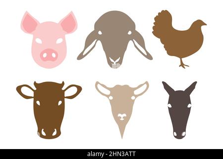 Schweine-, Schaf-, Hühner-, Kuh-, Ziege- und Pferdezucht Tiergesichter oder Heads Collection isoliert Stock Vektor