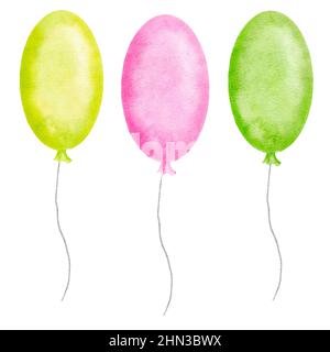 Aquarell handgezeichnete Illsutration von grün gelb rosa Heißluftballons. Design Cliparts für Party Feier festliche Feiertage Festival Geburtstagskarten Einladungen. Für Kinder Kinder Kunst Stockfoto