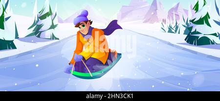 Wintersport, glücklicher Mann, der Spaß hat, auf Schlitten bergab während der Winterferien zu fahren. Outdoor-Aktivitäten, Urlaub Freizeit auf Ski-Resort, männliche Charakter Rodeln, Cartoon-Vektor-Illustration Stock Vektor