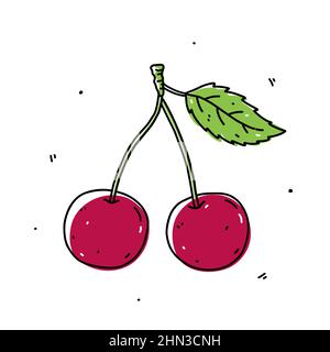 Kirsche auf einem Stiel mit grünem Blatt isoliert auf weißem Hintergrund. Gesunde Bio-Lebensmittel. Vektor-handgezeichnete Illustration im Doodle-Stil. Perfekt für Karten, Logo, Dekorationen, Rezepte, verschiedene Designs. Stock Vektor