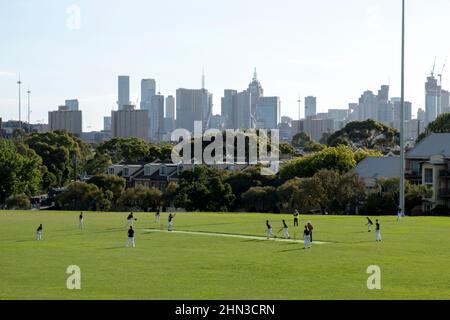Junge Männer spielen Cricket auf der Ramsden Street Oval vor der Skyline von Melbourne in Clifton Hill, Melbourne, Victoria, Australien. Stockfoto