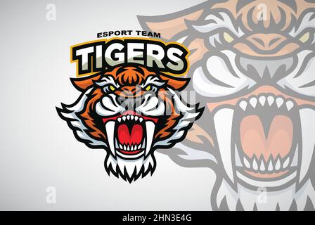 Tiger Sabertooth Roaring Head Logo Design Vektor Sport Esport Maskottchen Illustration Stock Vektor