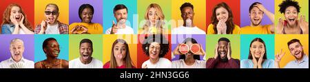 Diverse junge europäische und schwarze Jungs und Damen, die gestikulieren und Zeichen auf farbigem Hintergrund zu Händen machen Stockfoto